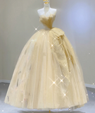Modest Ball Gown Strapless Yellow Tulle Long Prom Dresses High School Outfits Graduation Dress Evening Dresses HZ1214