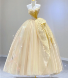 Modest Ball Gown Strapless Yellow Tulle Long Prom Dresses High School Outfits Graduation Dress Evening Dresses HZ1214