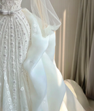 Luxury Mermaid Square Neckline Long White Wedding Dresses Brides Dress HZ1214