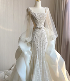 Luxury Mermaid Square Neckline Long White Wedding Dresses Brides Dress HZ1214