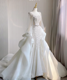 Luxury Mermaid Square Neckline Long White Wedding Dresses Brides Dress HZ1214
