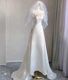 Unique A line Strapless Long White Wedding Dresses Summer Brides Dress HZ1214