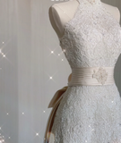 Unique A line High Neckline Lace Long White Wedding Dresses Summer Brides Dress HZ1214