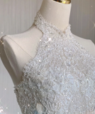 Unique A line High Neckline Lace Long White Wedding Dresses Summer Brides Dress HZ1214