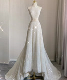Unique A line High Neckline Lace Long White Wedding Dresses Summer Brides Dress HZ1214