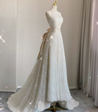 Unique A line High Neckline Lace Long White Wedding Dresses Summer Brides Dress HZ1214