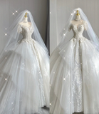 Unique Ball Gown High Neckline Lace Long White Wedding Dresses Summer Brides Dress HZ1214