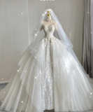 Unique Ball Gown High Neckline Lace Long White Wedding Dresses Summer Brides Dress HZ1214