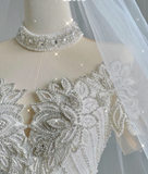 Unique Ball Gown High Neckline Lace Long White Wedding Dresses Summer Brides Dress HZ1214