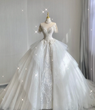 Unique Ball Gown High Neckline Lace Long White Wedding Dresses Summer Brides Dress HZ1214