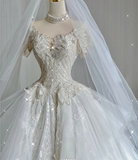 Unique Ball Gown High Neckline Lace Long White Wedding Dresses Summer Brides Dress HZ1214