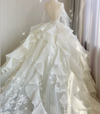 Unique Ball Gown Scoop Neckline Lace Long Sleeves White Wedding Dresses Brides Dress HZ1214
