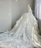 Unique Ball Gown Scoop Neckline Lace Long Sleeves White Wedding Dresses Brides Dress HZ1214