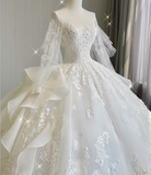 Unique Ball Gown Scoop Neckline Lace Long Sleeves White Wedding Dresses Brides Dress HZ1214