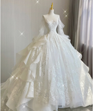 Unique Ball Gown Scoop Neckline Lace Long Sleeves White Wedding Dresses Brides Dress HZ1214
