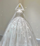 Unique Ball Gown Square Neckline Lace Long White Wedding Dresses Brides Dress HZ1214