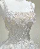 Unique Ball Gown Square Neckline Lace Long White Wedding Dresses Brides Dress HZ1214