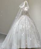Unique Ball Gown Square Neckline Lace Long White Wedding Dresses Brides Dress HZ1214