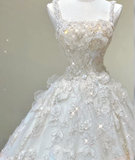 Unique Ball Gown Square Neckline Lace Long White Wedding Dresses Brides Dress HZ1214