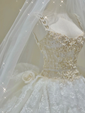 Dreamy Ball Gown Square Neckline Lace Long White Wedding Dresses Brides Dress HZ1214