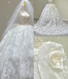 Dreamy Ball Gown Square Neckline Lace Long White Wedding Dresses Brides Dress HZ1214