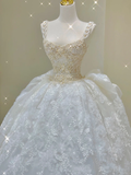 Dreamy Ball Gown Square Neckline Lace Long White Wedding Dresses Brides Dress HZ1214