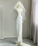 Simple Sheath Off The Shoulder Satin White Wedding Dresses Summer Brides Dress HZ1214