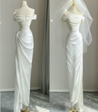 Simple Sheath Off The Shoulder Satin White Wedding Dresses Summer Brides Dress HZ1214