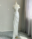 Simple Sheath Off The Shoulder Satin White Wedding Dresses Summer Brides Dress HZ1214