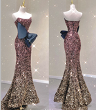 Pretty Mermaid Strapless Long Sequin Prom Dresses Graduation Dress High School Classy Evening Dresses HZ1214