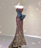 Pretty Mermaid Strapless Long Sequin Prom Dresses Graduation Dress High School Classy Evening Dresses HZ1214