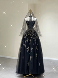 Pretty Ball Gown Strapless Black Tulle High School Graduation Dress Long Prom Dresses Evening Dresses HZ1214