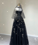 Pretty Ball Gown Strapless Black Tulle High School Graduation Dress Long Prom Dresses Evening Dresses HZ1214