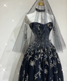 Pretty Ball Gown Strapless Black Tulle High School Graduation Dress Long Prom Dresses Evening Dresses HZ1214