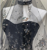 Pretty Ball Gown Strapless Black Tulle High School Graduation Dress Long Prom Dresses Evening Dresses HZ1214