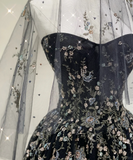 Pretty Ball Gown Strapless Black Tulle High School Graduation Dress Long Prom Dresses Evening Dresses HZ1214