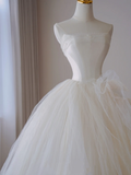 Timeless Ball Gown Strapless Long Tulle White Sweep Train Wedding Dresses Brides Dress HZ1214