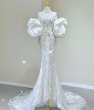 Luxury Mermaid High Neckline Long Sleeves Lace White Wedding Dresses Brides Dress HZ1214