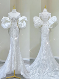 Luxury Mermaid High Neckline Long Sleeves Lace White Wedding Dresses Brides Dress HZ1214