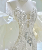 Luxury Mermaid High Neckline Long Sleeves Lace White Wedding Dresses Brides Dress HZ1214
