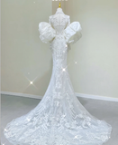 Luxury Mermaid High Neckline Long Sleeves Lace White Wedding Dresses Brides Dress HZ1214