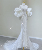 Luxury Mermaid High Neckline Long Sleeves Lace White Wedding Dresses Brides Dress HZ1214