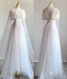 Unique A Line High Neckline Tulle Long Wedding Dresses White Brides Dress HZ1214