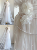 Unique A Line High Neckline Tulle Long Wedding Dresses White Brides Dress HZ1214