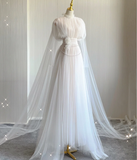 Unique A Line High Neckline Tulle Long Wedding Dresses White Brides Dress HZ1214