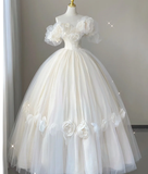 Timeless Ball Gown Off The Shoulder Short Sleeves Tulle Flowers Wedding Dresses Brides Dress HZ1214