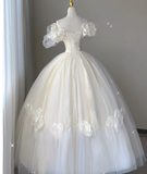 Timeless Ball Gown Off The Shoulder Short Sleeves Tulle Flowers Wedding Dresses Brides Dress HZ1214