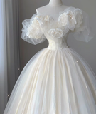 Timeless Ball Gown Off The Shoulder Short Sleeves Tulle Flowers Wedding Dresses Brides Dress HZ1214