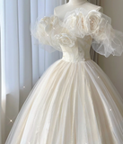 Timeless Ball Gown Off The Shoulder Short Sleeves Tulle Flowers Wedding Dresses Brides Dress HZ1214