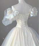 Timeless Ball Gown Off The Shoulder Short Sleeves Tulle Flowers Wedding Dresses Brides Dress HZ1214